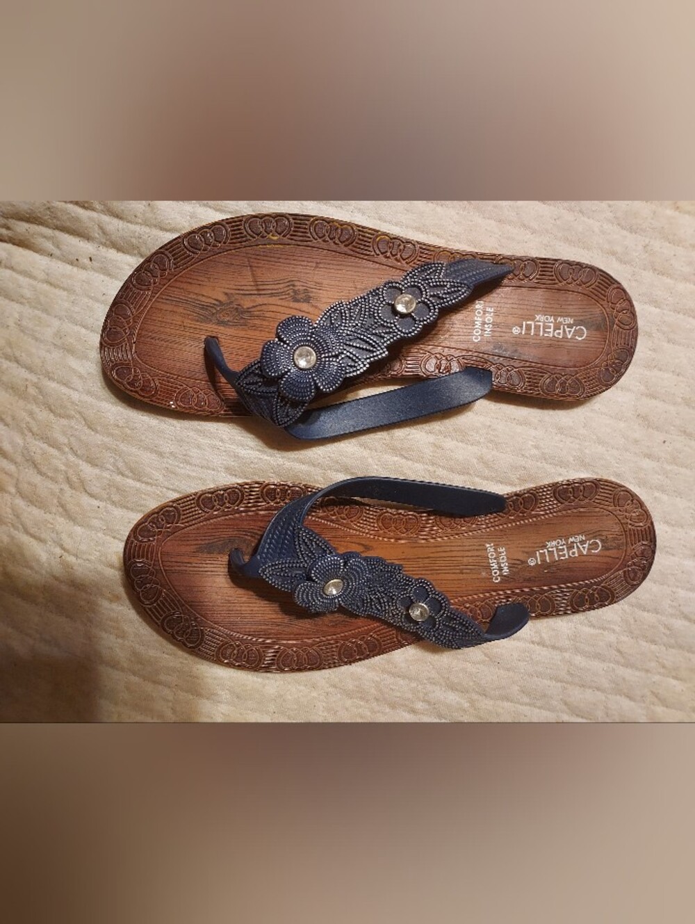 Capelli New York Navy Blue Flower Rhinestone Flip Flops Comfort Insole